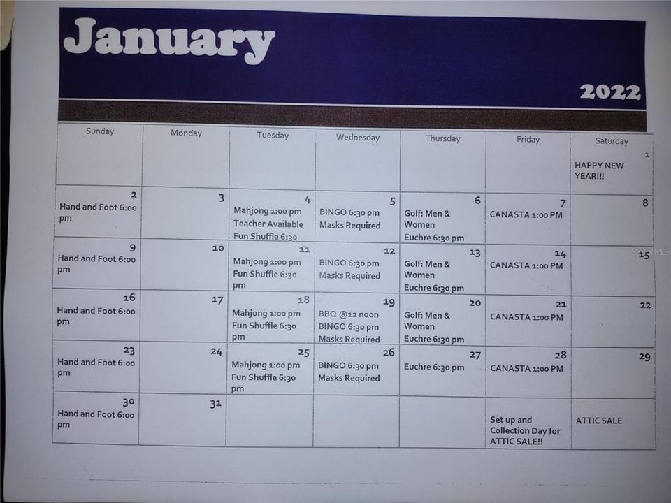 January Calendar of events