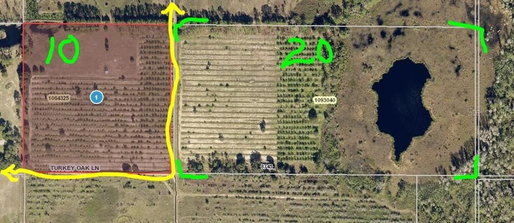 Arial view 10 acres highlighted in yellow