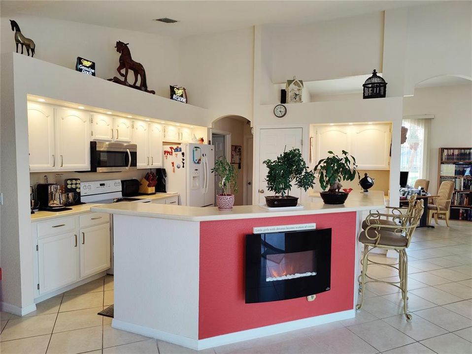 Kitchen has been renovated recessed light with dimmer, pantry with pull out shelving, solid counter top and integrated sink, backsplash in same material. The fire place is decorative and will be removed.