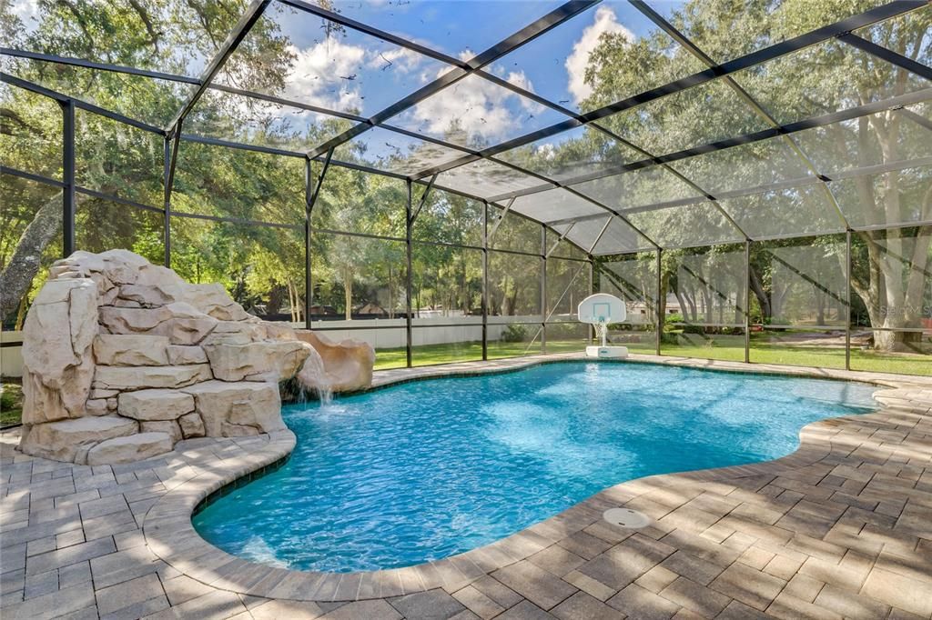BACKYARD OASIS -POOL features a ROCK GROTTO, WATERFALL, SLIDE, and LIGHTING all fully AUTOMATED with a remote!
