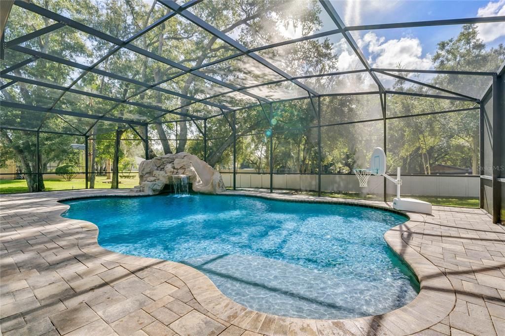 POOL features a ROCK GROTTO, WATERFALL, SLIDE, and LIGHTING all fully AUTOMATED with a remote!