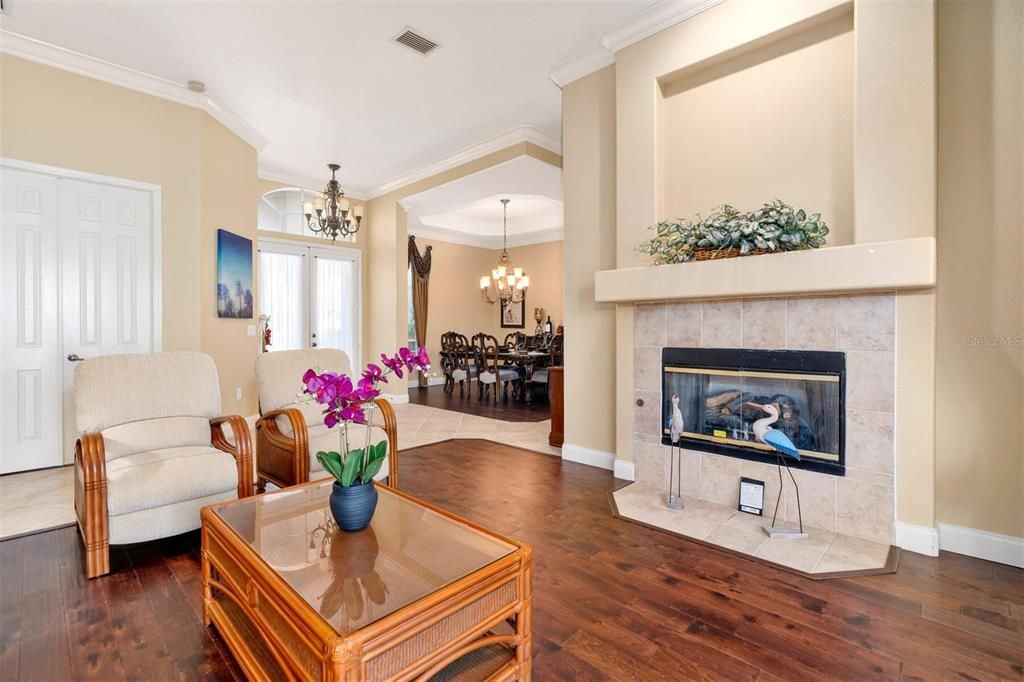 LIVING ROOM WITH GAS  FIREPLACE AND CROWN MOLDING