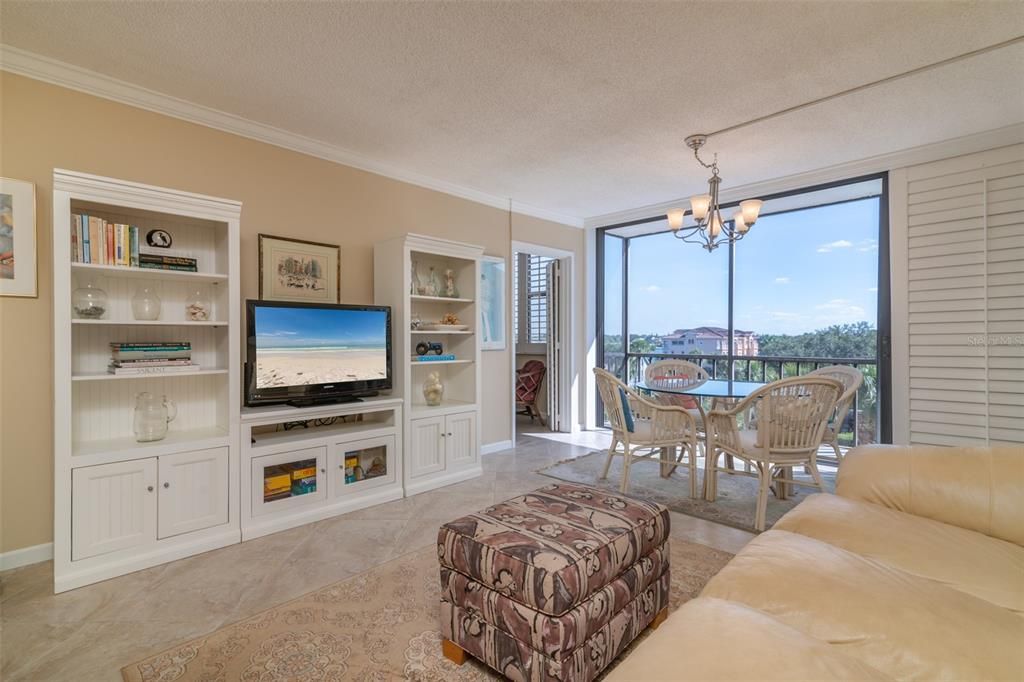 Entertainment center of living area with terrace views.