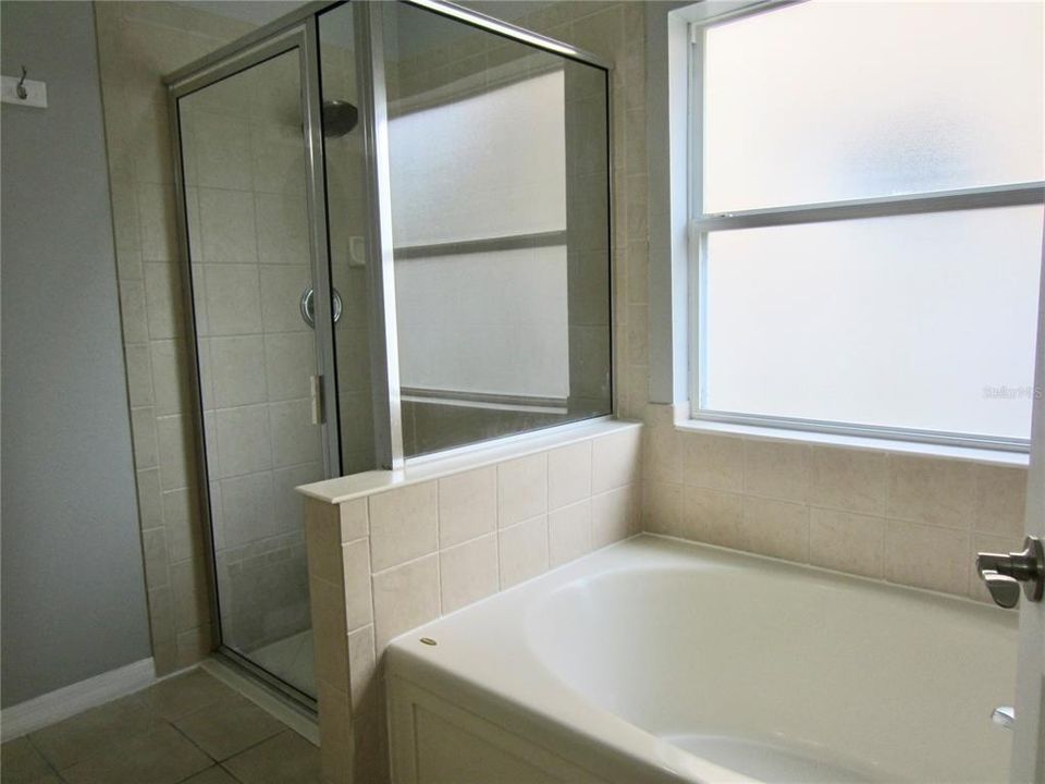 bathtub and a shower room in master bathroom