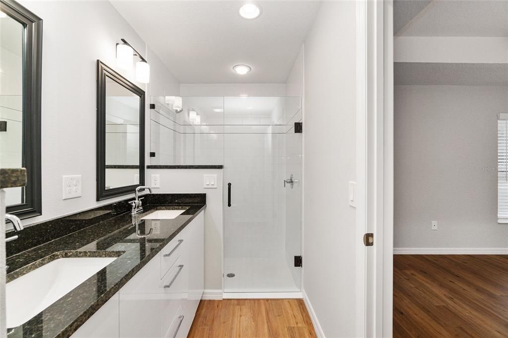 Granite Countertop with Walk-In Tiled Shower