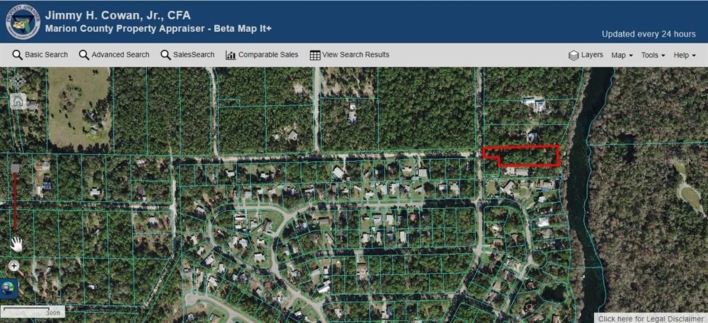 AERIAL OF DEEDED RIVER ACCESS PARK PROPERTY APPRAISER RED OUTLINE