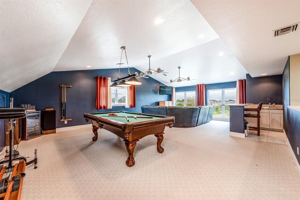 Enormous BONUS/GAME ROOM with another vaulted ceiling, wall of windows and a KITCHENETTE perfect for entertaining!
