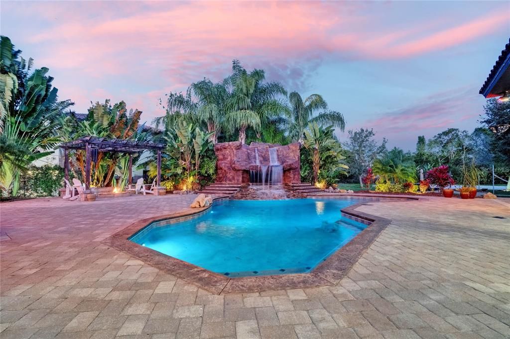 Pool and gazebo with fire pit