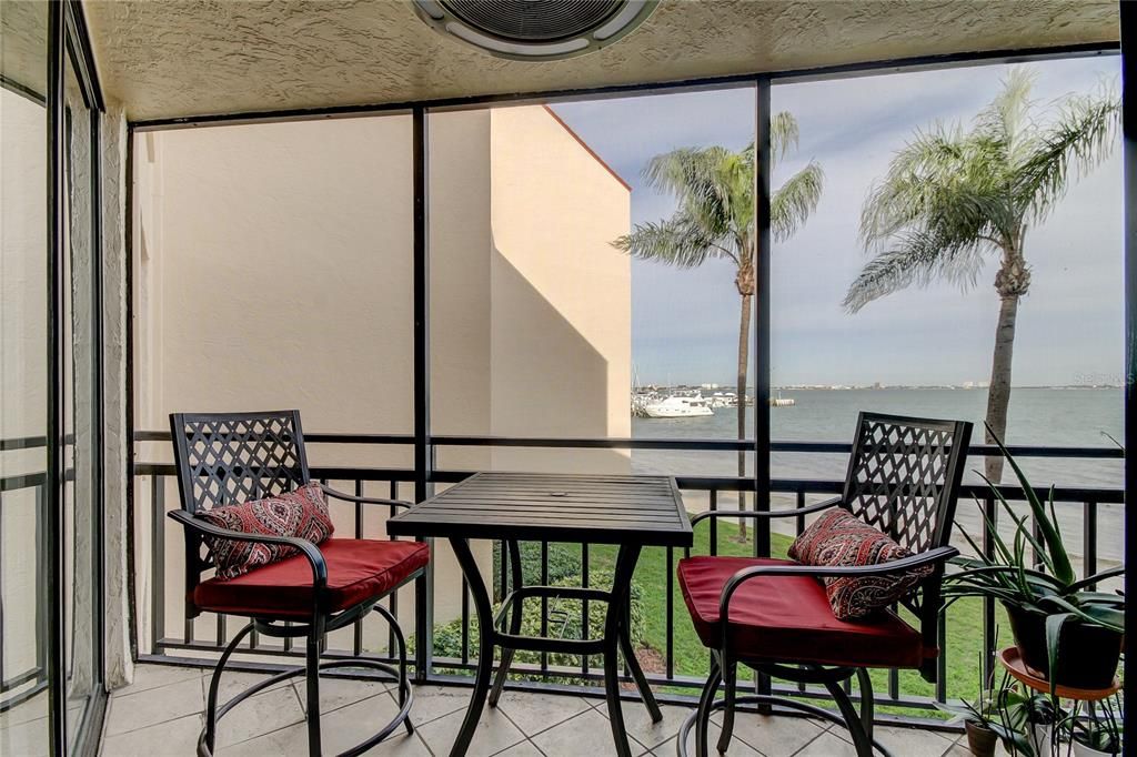Screened in patio with water view