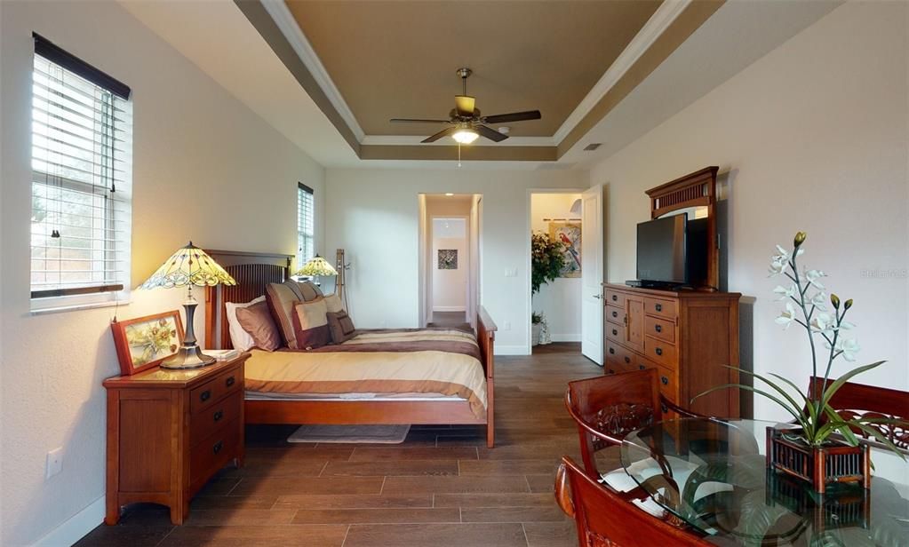 Master suite with decorative tray ceiling