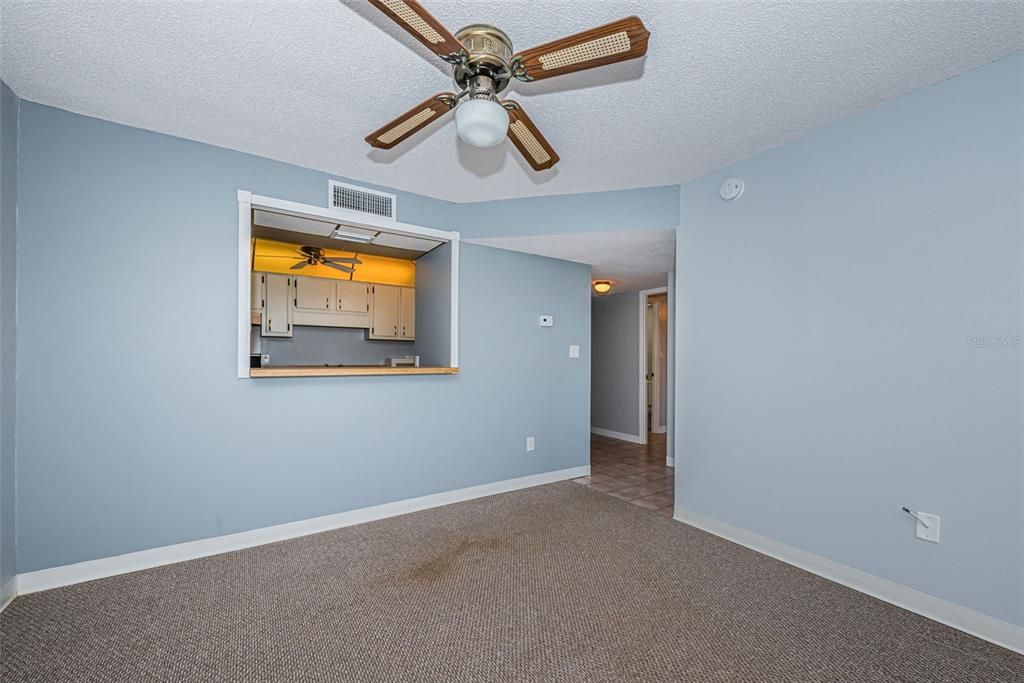 Spacious living area with pass-through to the kitchen.