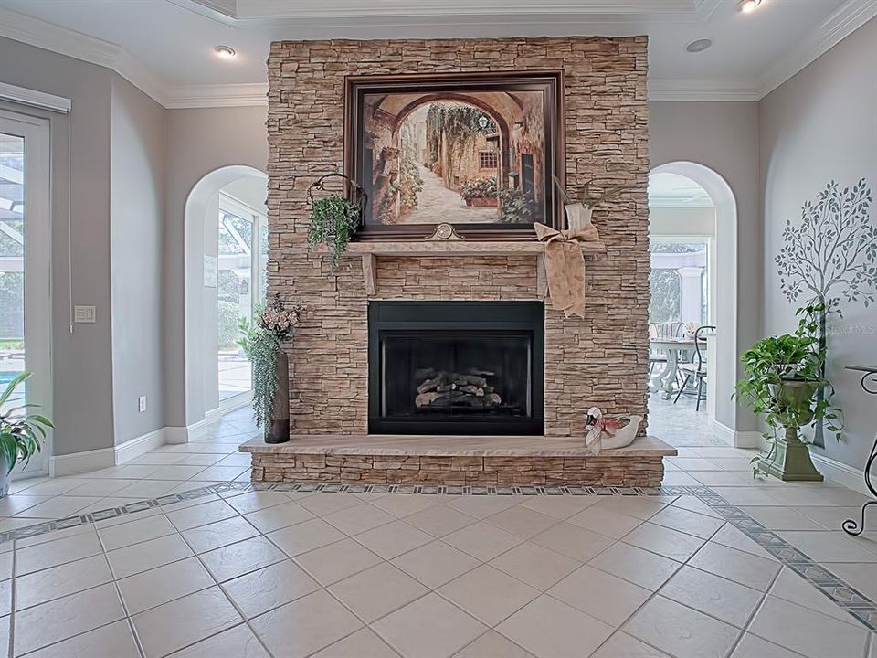 BEAUTIFUL FIREPLACE (THERE ARE 4 IN THE HOME)!  THE ARCHWAYS LEAD TO THE SUNROOM!