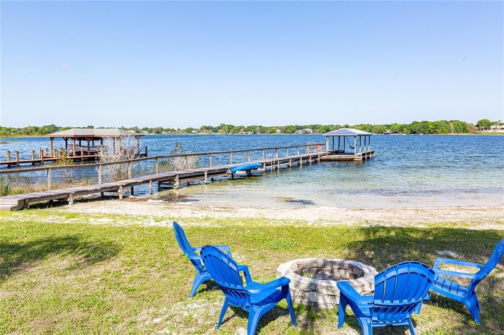 Fire pit, dock and 130' lake frontage