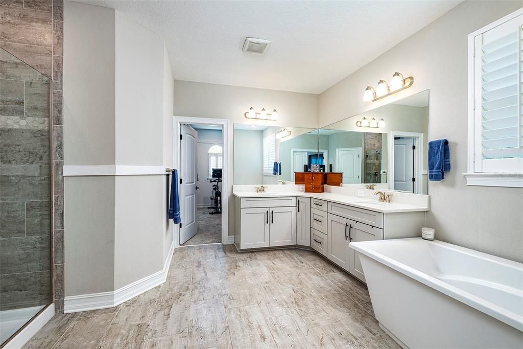 Soaker tub, walk-in shower, dual vanities and quartz countertops with a large walk-in closet.