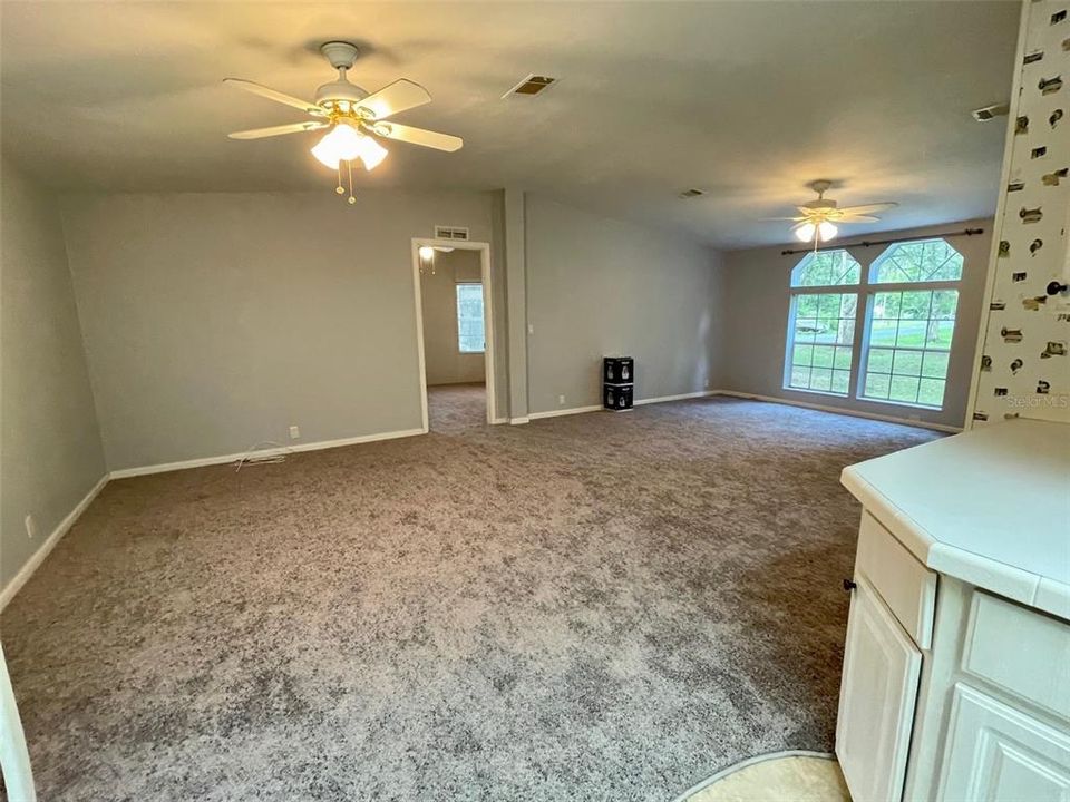 Great room from the kitchen area. Master bedroom thru the door. The carpet is showing more of it's true color here.