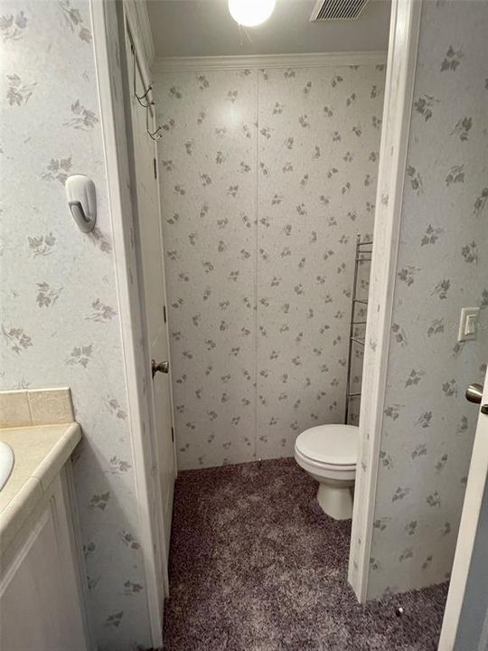 Separate toilet room, and linen closet