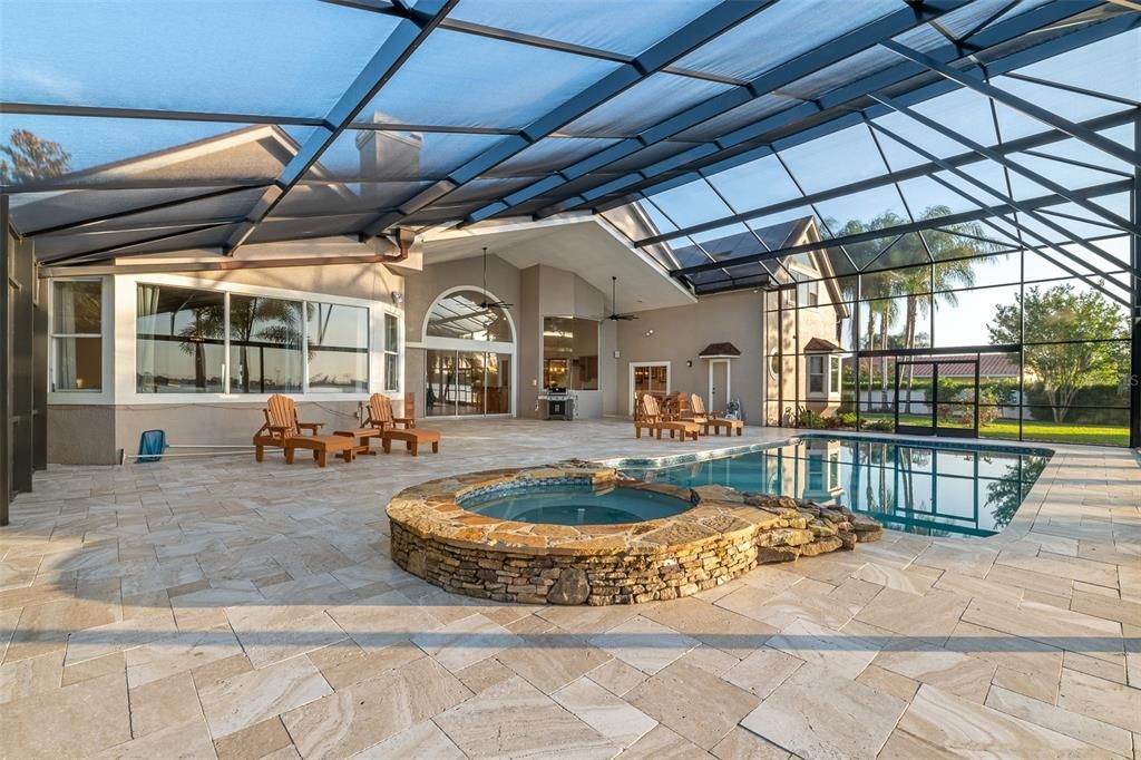 Exquisite Travertine Pool Deck, Natural Stone Spa and Resurfaced Pool