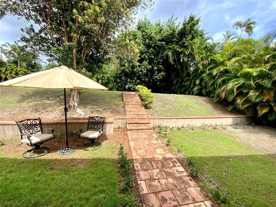 Staircase leads to back yard 1/2 acre of land