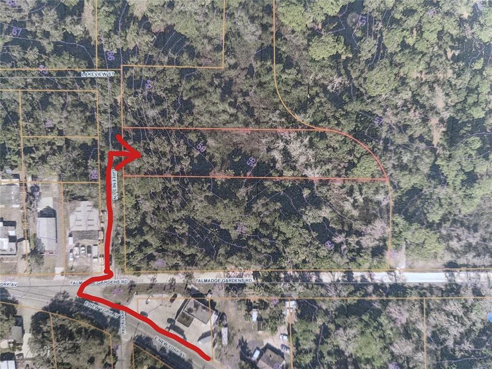 Aerial View. Parcel in Red Box, Arrow is suggested driving path from Westbound SR 44/New York Ave, Deland, FL