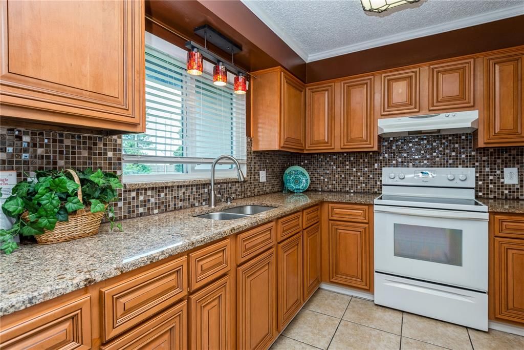 Kitchen - lots of cabinetry, granite counters, glass mosaic back splash - no dishwasher but cabinet next to sink is plumbed