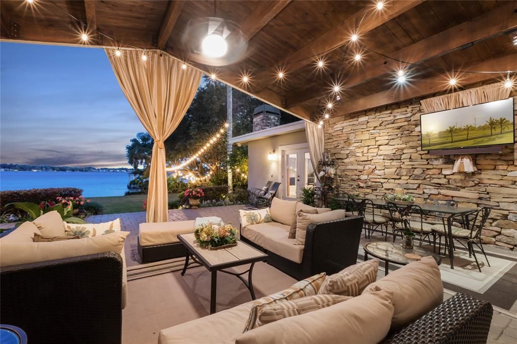 Luxurious outdoor living space with twinkly lights