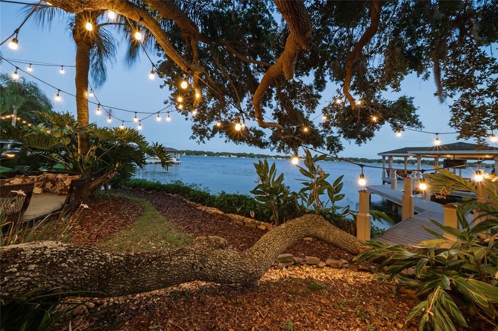 Private lakefront gardens with twinkly lights