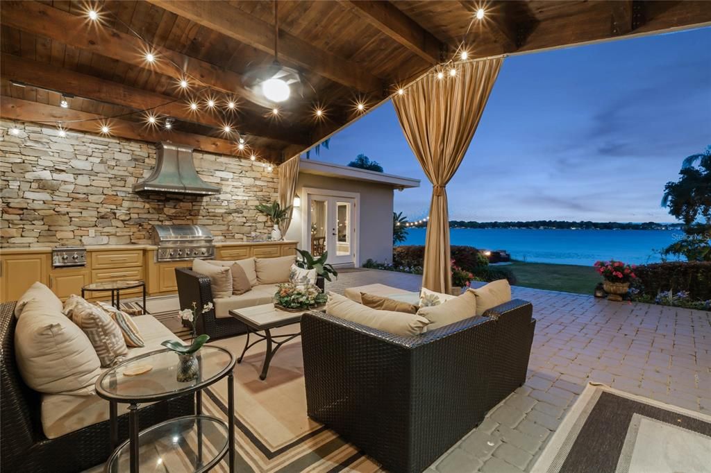 Luxurious outdoor living space with twinkly lights