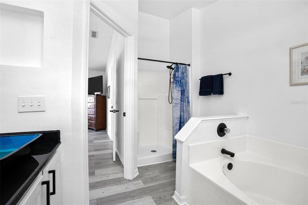 Owner's Suite bath with basin sink (left), step-in shower, and soaking tub (right).