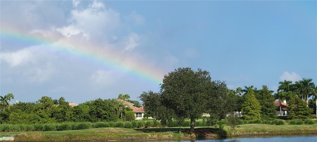 Rainbow over area pond