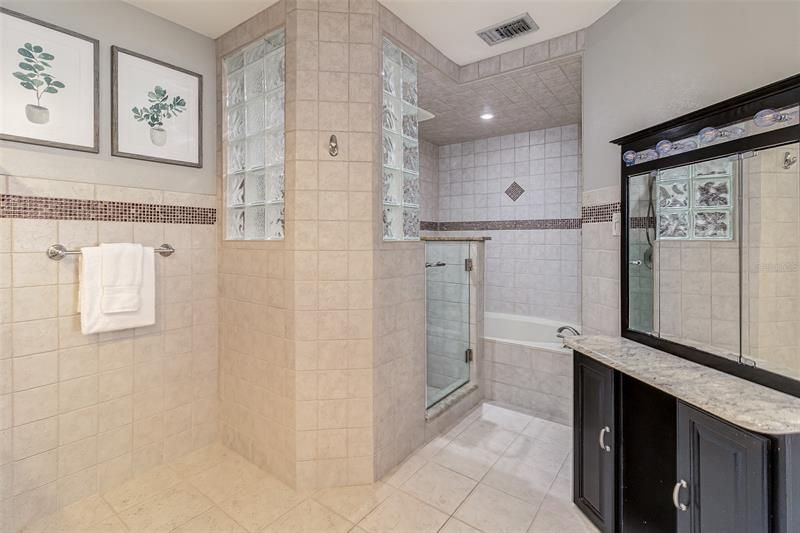 Master bath has a walk-in shower and a jetted soaking tub