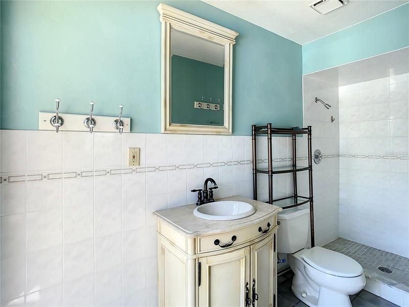 Bathroom #4 is the pool bath with tiled walls and walk-in shower.