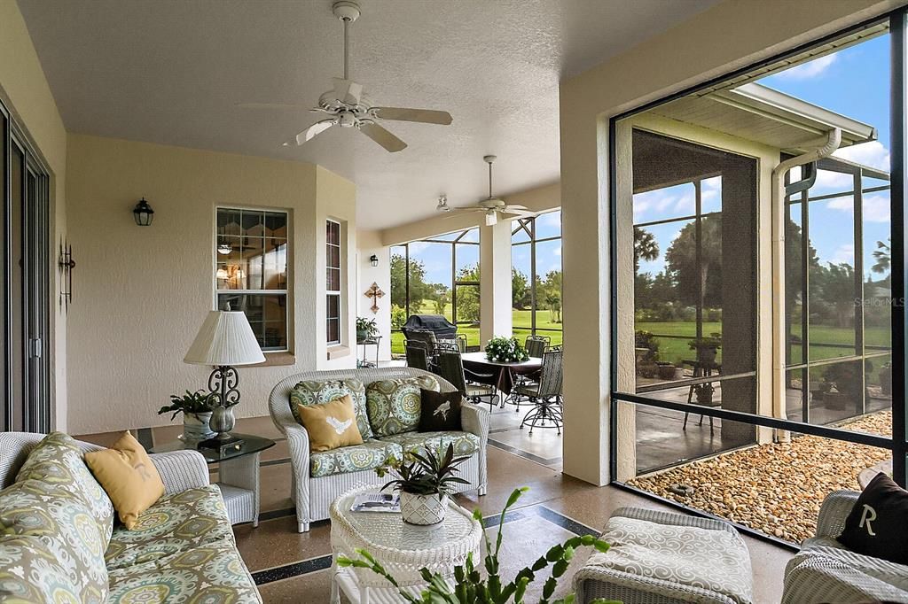Huge lanai with multiple seating areas