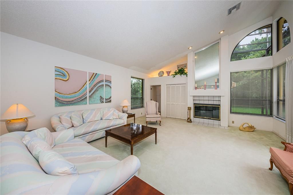 sunken family room with fireplace