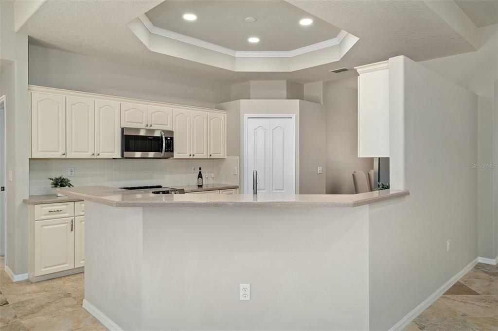 Open kitchen with trayed ceiling