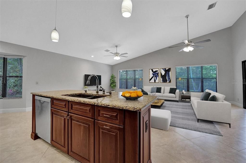 Family room is open to the kitchen, ideal for entertaining! Virtually Staged.