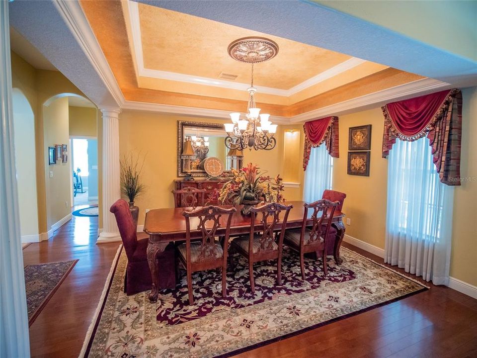 Formal dining room with tray ceiling and accent lighting
