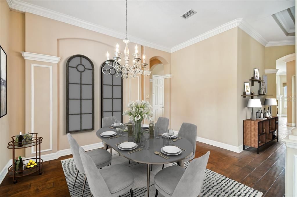 Formal dining area. Virtually staged