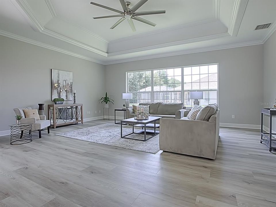 HUGE FAMILY ROOM - LIGHT AND BRIGHT!  NEW CROWN MOLDING INSTALLED THROUGHOUT THE ENTIRE HOME!  TRAY CEILING TRIMMED OUT WITH CROWN AND LED LIGHTING!