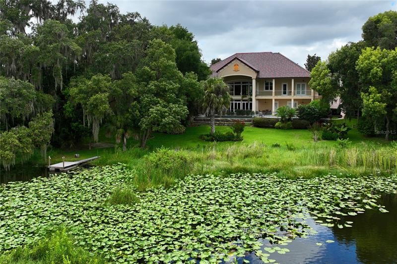 Natural Florida landscaped backyard with floating dock.