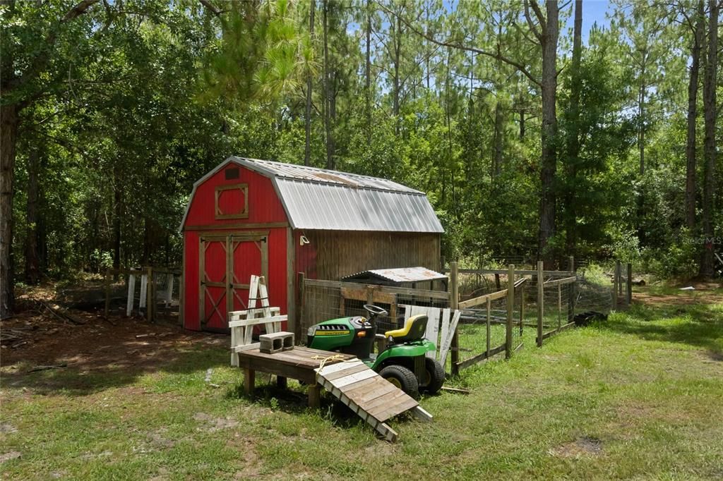 Shed with trail leading through the wooded property