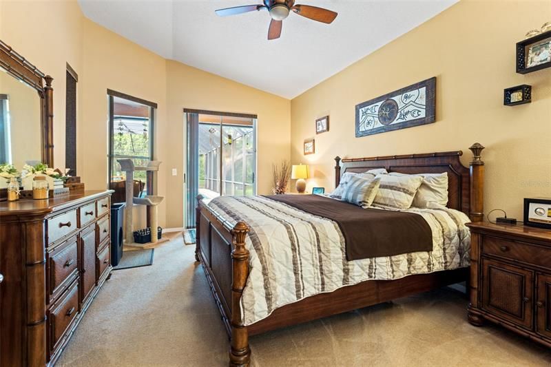 Warm toned master bedroom with bright natural light