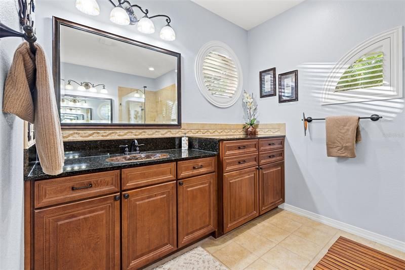 Master bathroom with granite counter tops and copper sinks