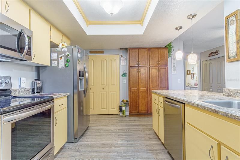 Convenient kitchen with large pantry and all stainless steel appliances.