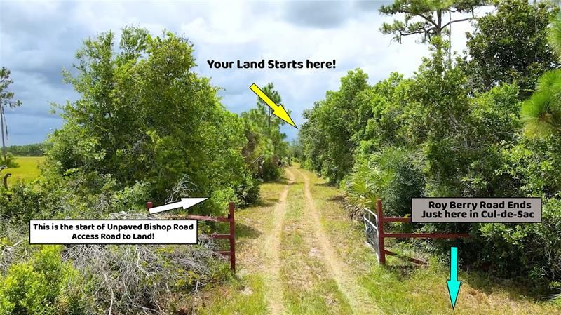 This is the Start of Unpaved BISHOP ROAD, with the paved Cul-De-Sac end of Roy Berry Road right behind you. Access to your Land is ALLLLL the way down on the right. You will be the ONLY person on Earth who will use this private access road! Nice!