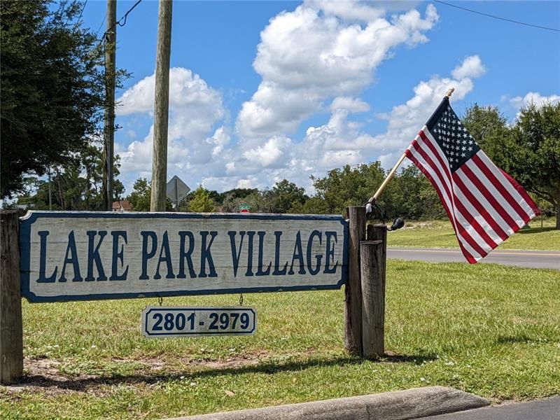 Lake Park Village sign at driveway