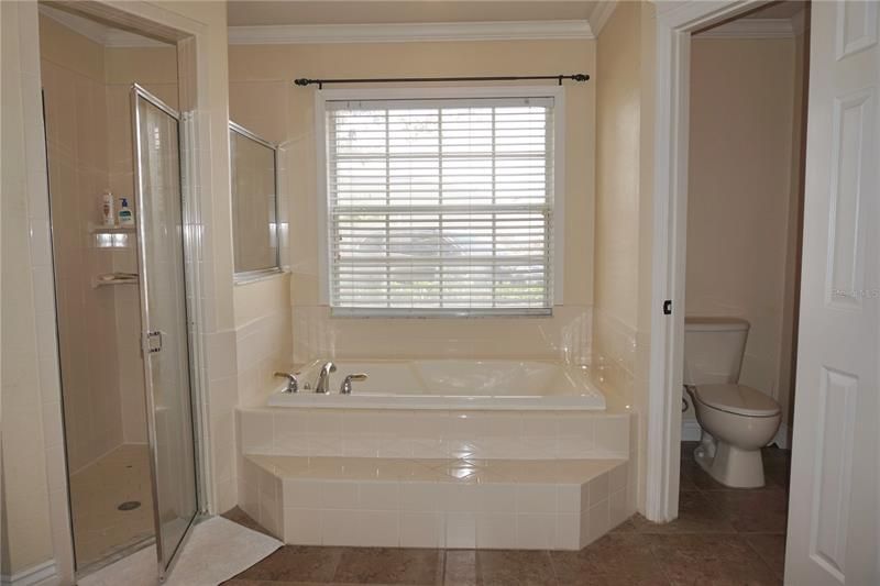Jetted garden tub, walk-in tile shower, private commode