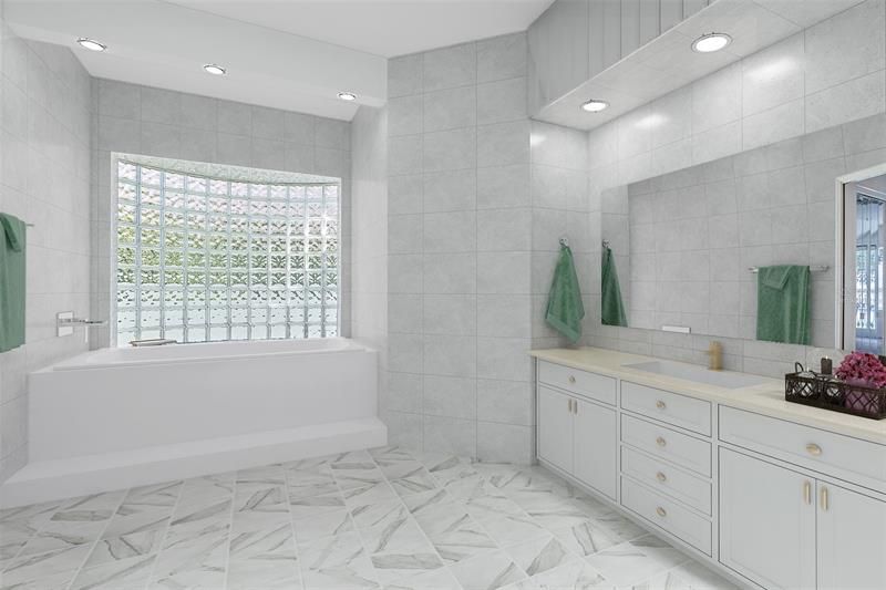 Master/Owners Suite bathroom with Walk In Shower, Spa, and separate water closet, virtually staged.