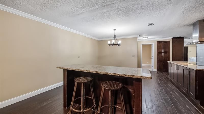 Breakfast bar that separates the living room from the dining room