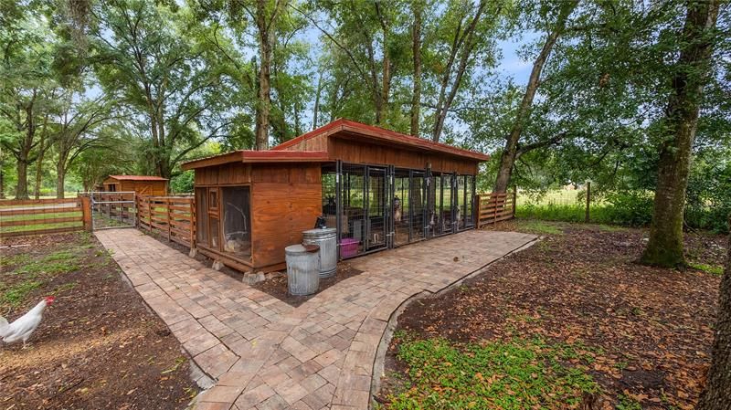 Brick paver path to dog kennels and critter house/fenced in area