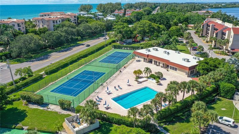 Aerial of Clubhouse, Pool, Tennis/Pickle Ball Courts